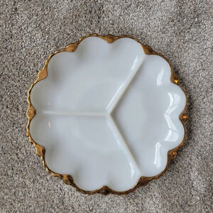 Milk glass divided plate gold trim. Vintage Anchor Hocking.